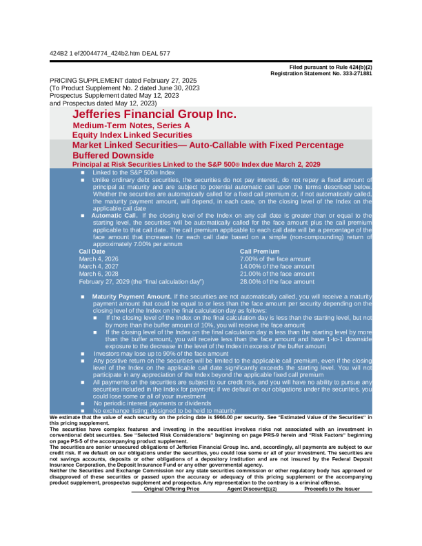 Jefferies Financial Group Inc 美股招股说明书(2025-03-04版)