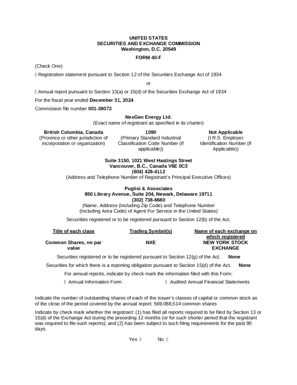 NexGen Energy Ltd 2024年度报告