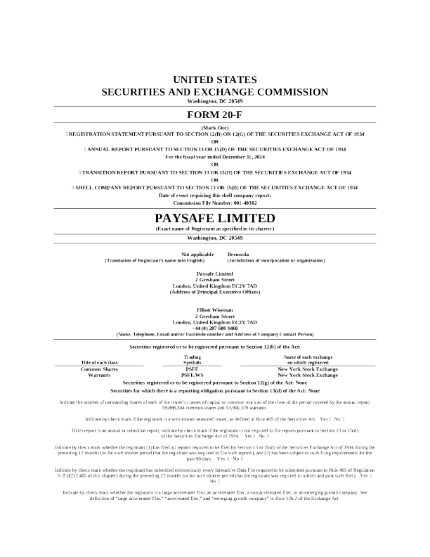 Paysafe Ltd-A 2025年年度报告和过渡报告