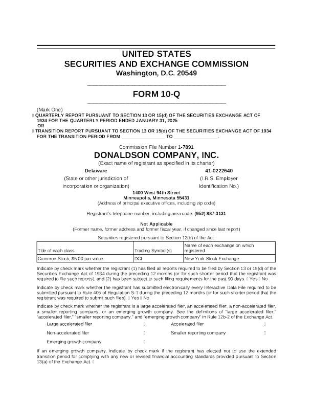 唐纳森 2025年季度报告
