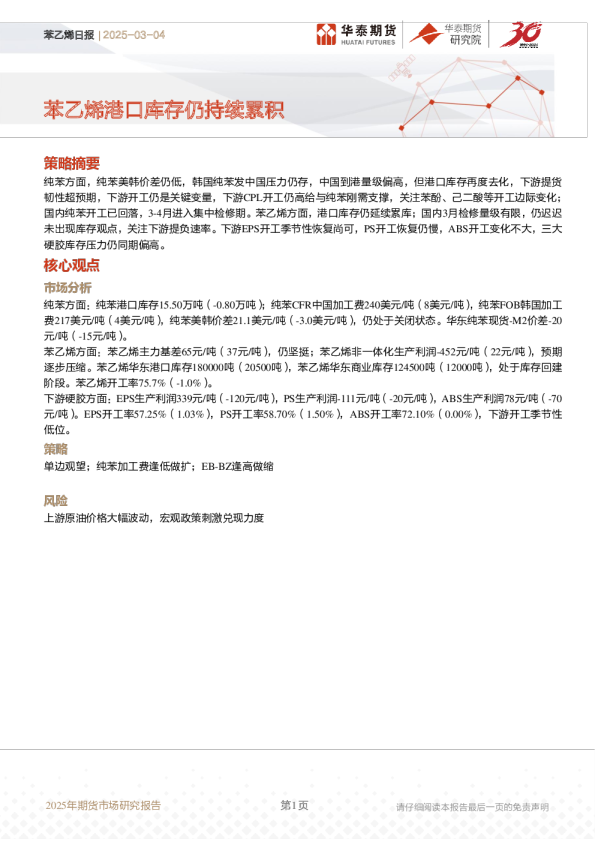 苯乙烯日报：苯乙烯港口库存仍持续累积