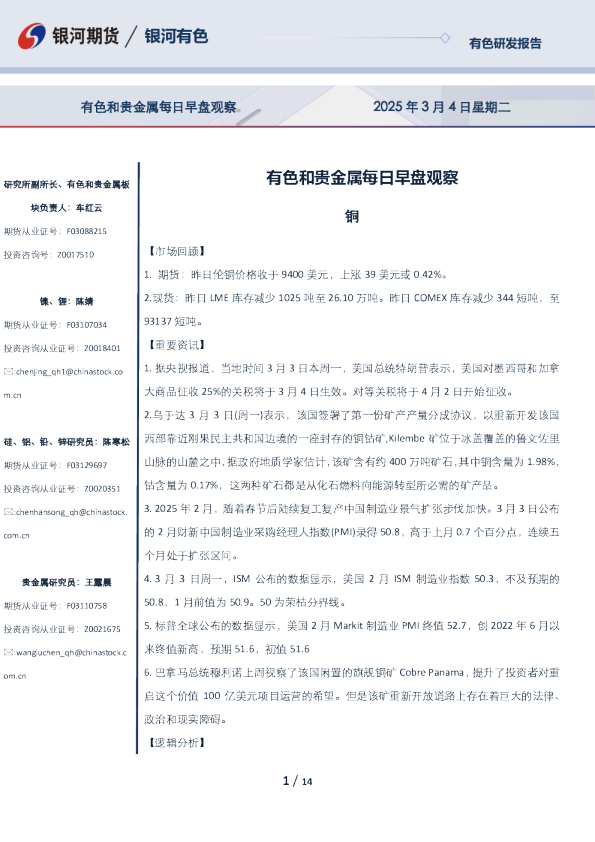 有色和贵金属每日早盘观察