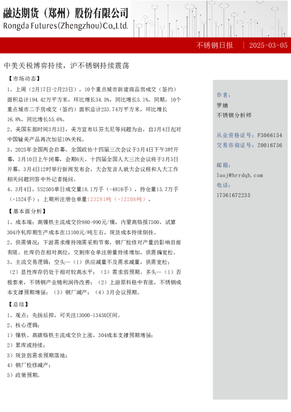 不锈钢日报- 中美关税博弈持续，沪不锈钢持续震荡