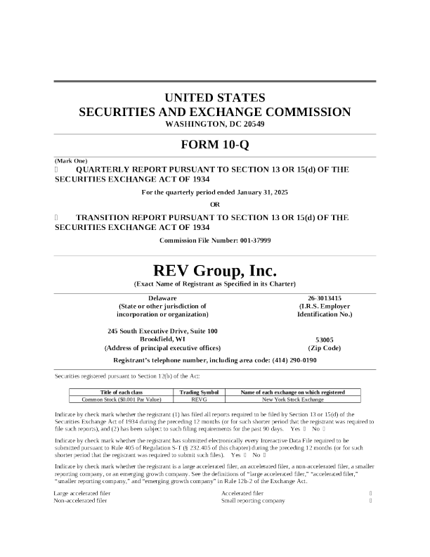 REV Group Inc 2025年季度报告