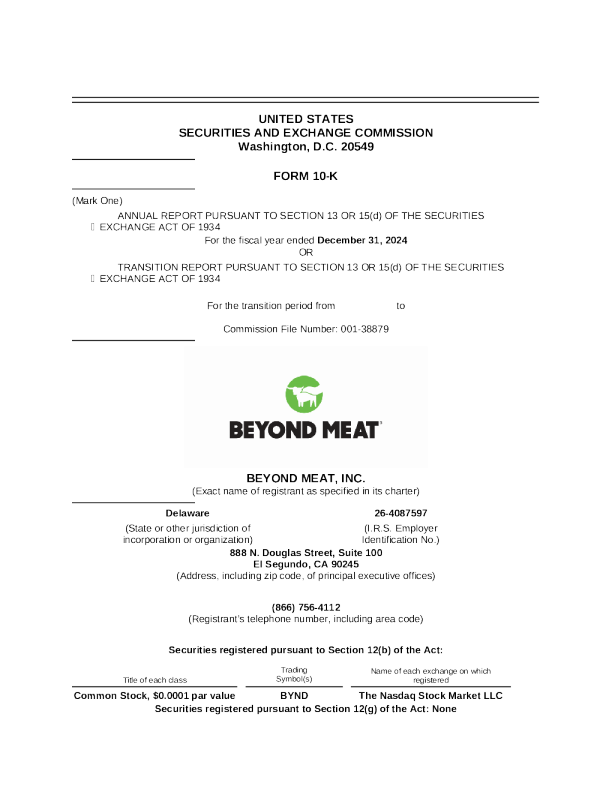Beyond Meat Inc 2024年度报告