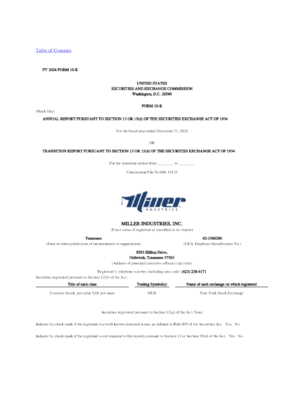 Miller Industries Inc 2024年度报告