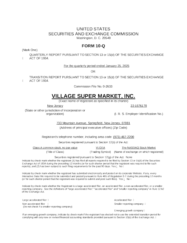 Village Super Market Inc-2025年季度报告