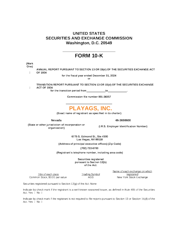 PlayAGS Inc 2024年度报告