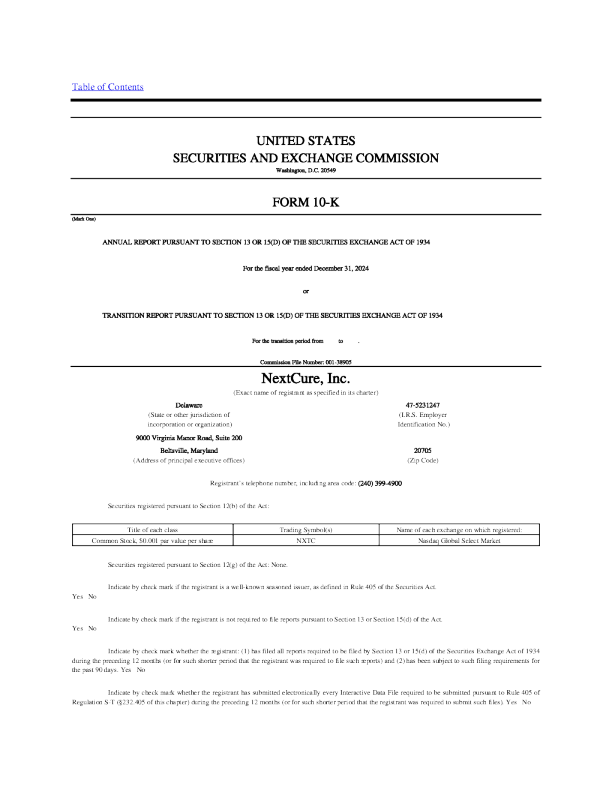 NextCure Inc 2024年度报告