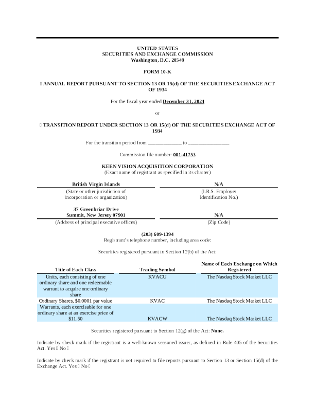 keen Vision Acquisition Corp 2024 年度报告
