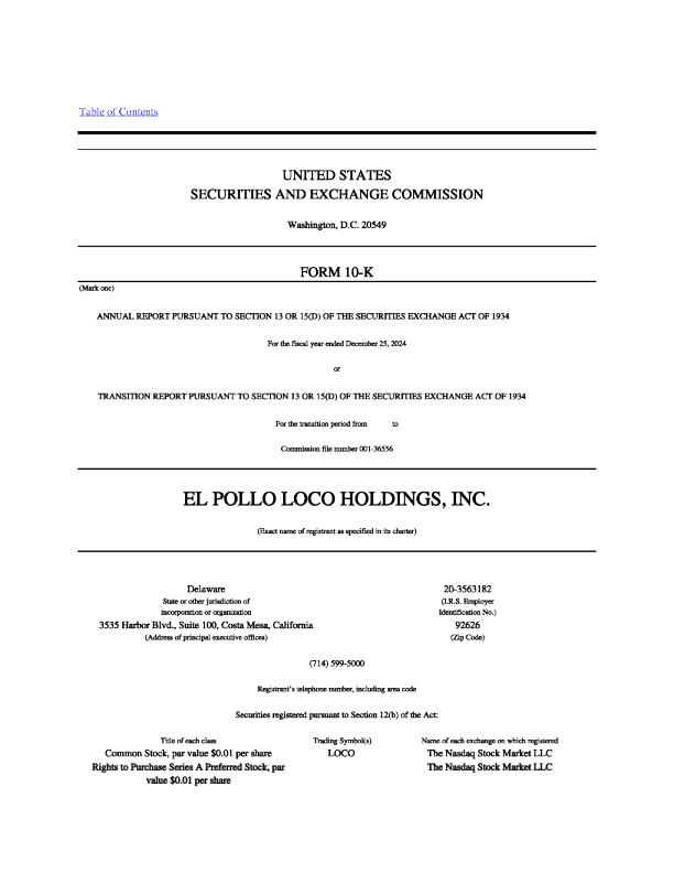 El Pollo Loco Holdings Inc 2024年度报告