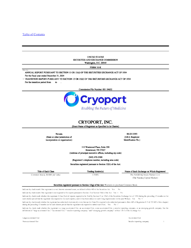 Cryoport Inc 2024年度报告