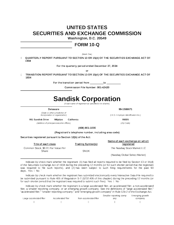 闪迪 2025年季度报告