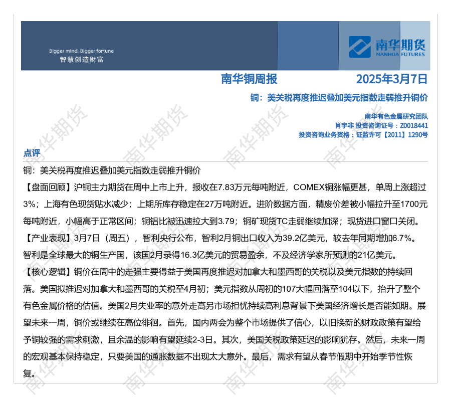南华期货铜周报20250307