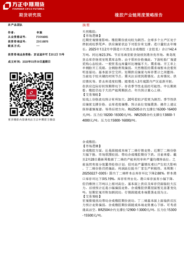 橡胶产业链周度策略报告