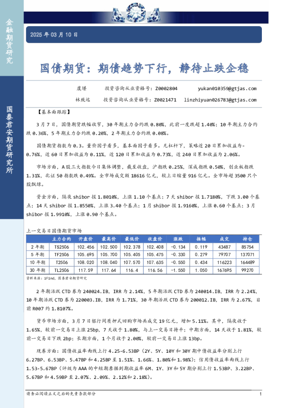 国债期货：期债趋势下行，静待止跌企稳