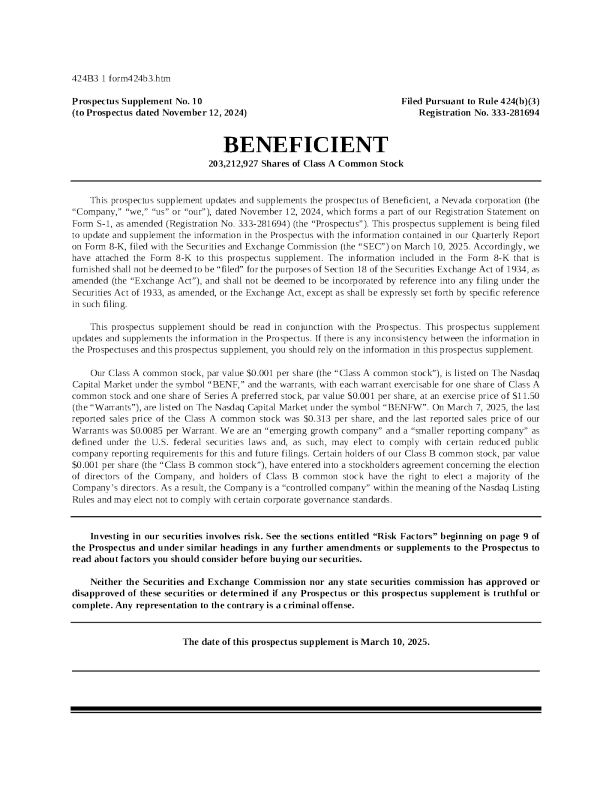 Beneficient-A美股招股说明书(2025-03-10版)