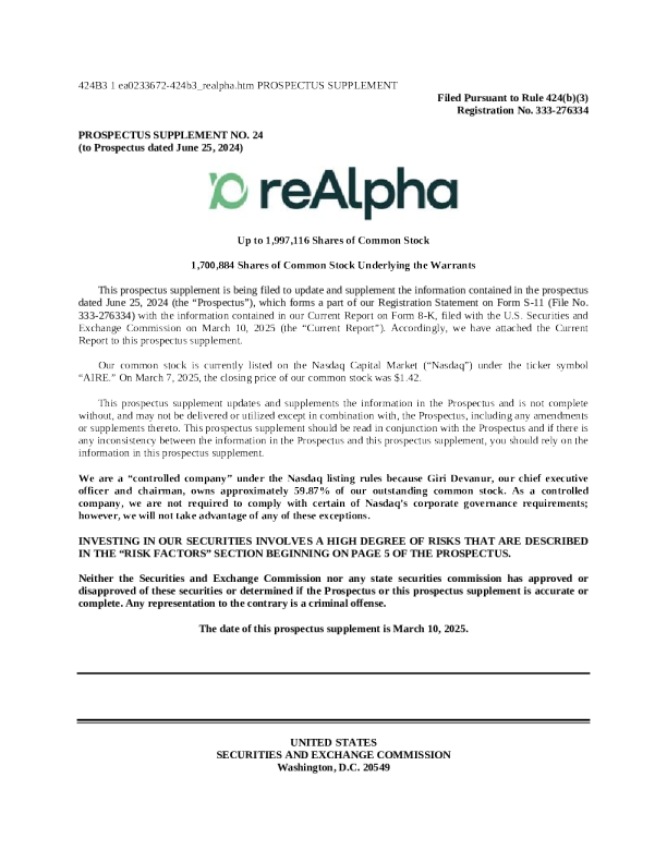 reAlpha Tech Corp 美股招股说明书（2025-03-10版）