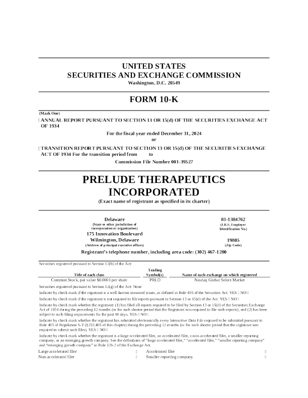Prelude Therapeutics Inc 2024年度报告