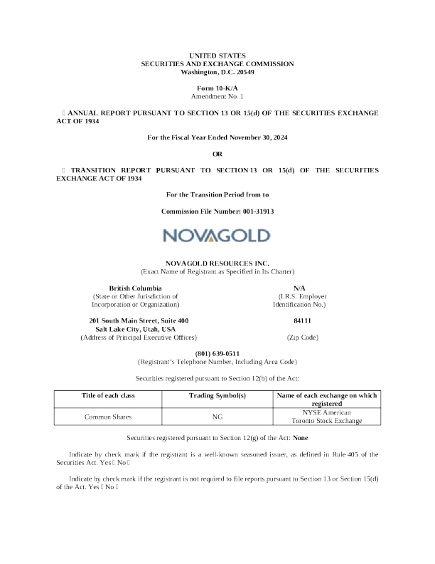 NOVAGOLD Resources Inc 2024年度报告