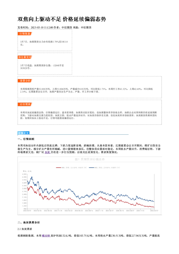 双焦向上驱动不足 价格延续偏弱态势