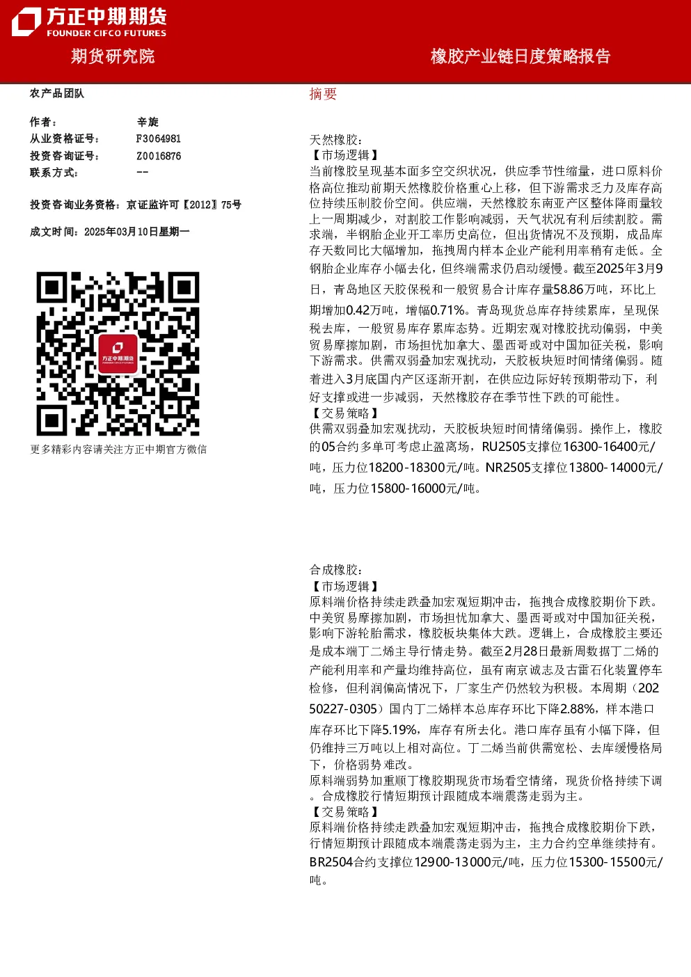 橡胶产业链日度策略报告