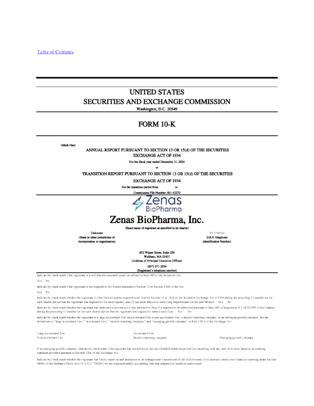 Zenas BioPharma Inc 2024年度报告