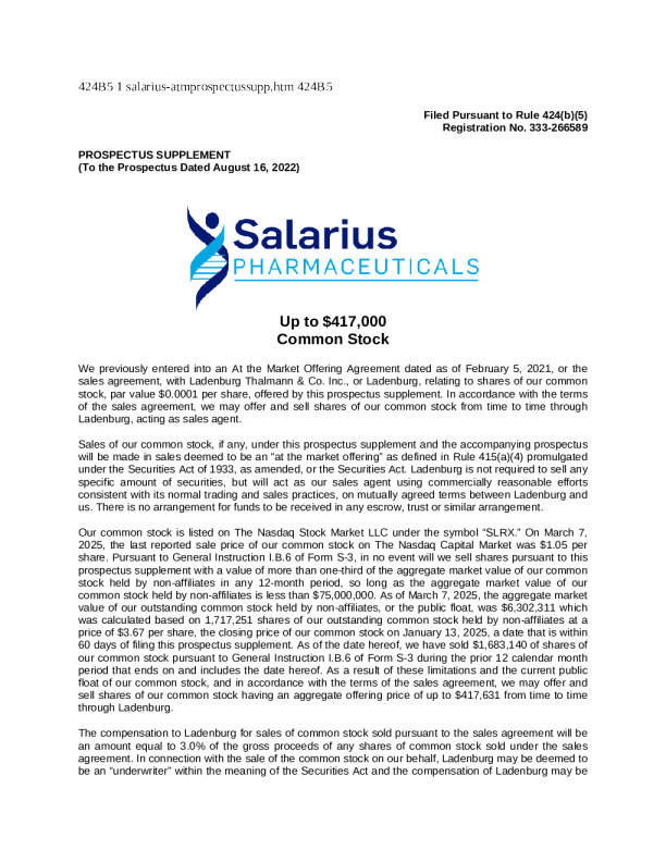 Salarius Pharmaceuticals Inc美股招股说明书(2025-03-11版)