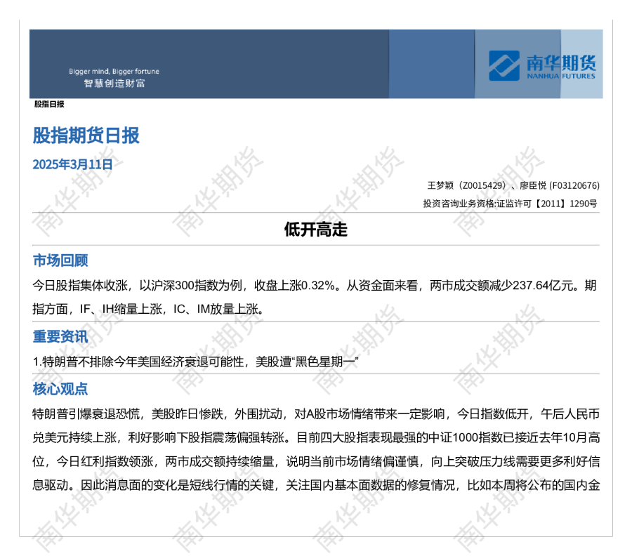 股指期货日报：低开高走