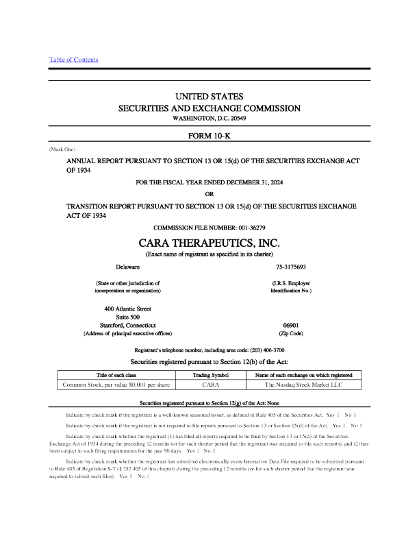 Cara Therapeutics Inc 2024年度报告