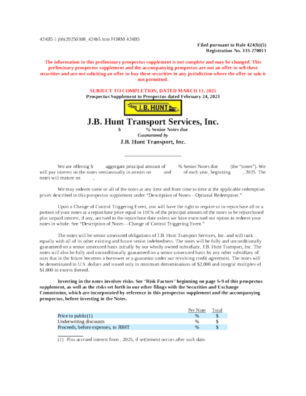 JB亨特运输服务美股招股说明书(2025-03-11版)