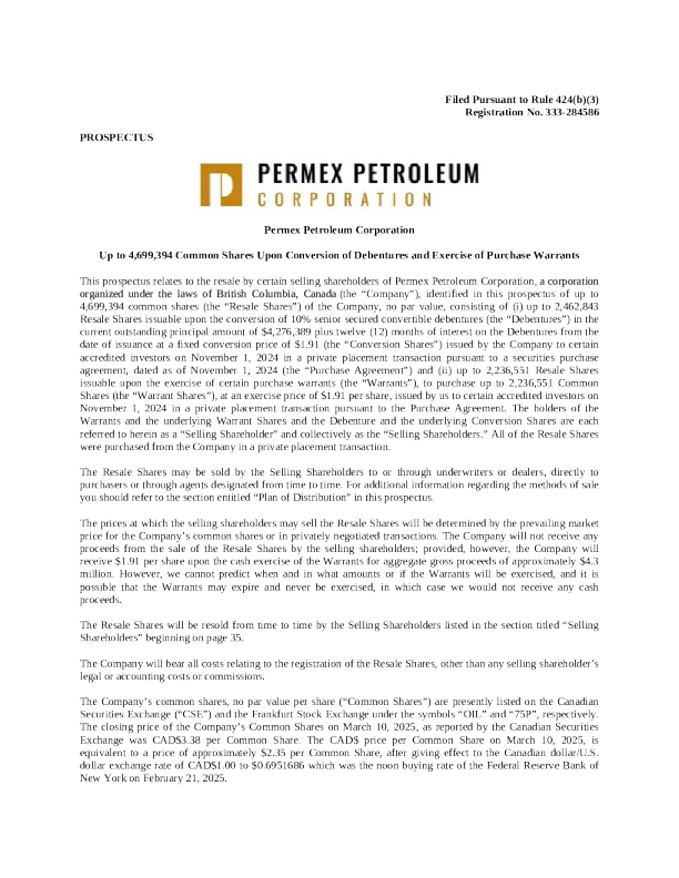 Permex Petroleum Corp美股招股说明书(2025-03-11版)