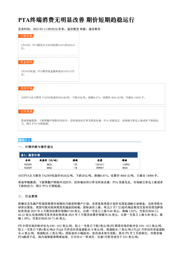 PTA终端消费无明显改善 期价短期趋稳运行