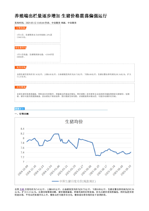 养殖端出栏量逐步增加 生猪价格震荡偏强运行