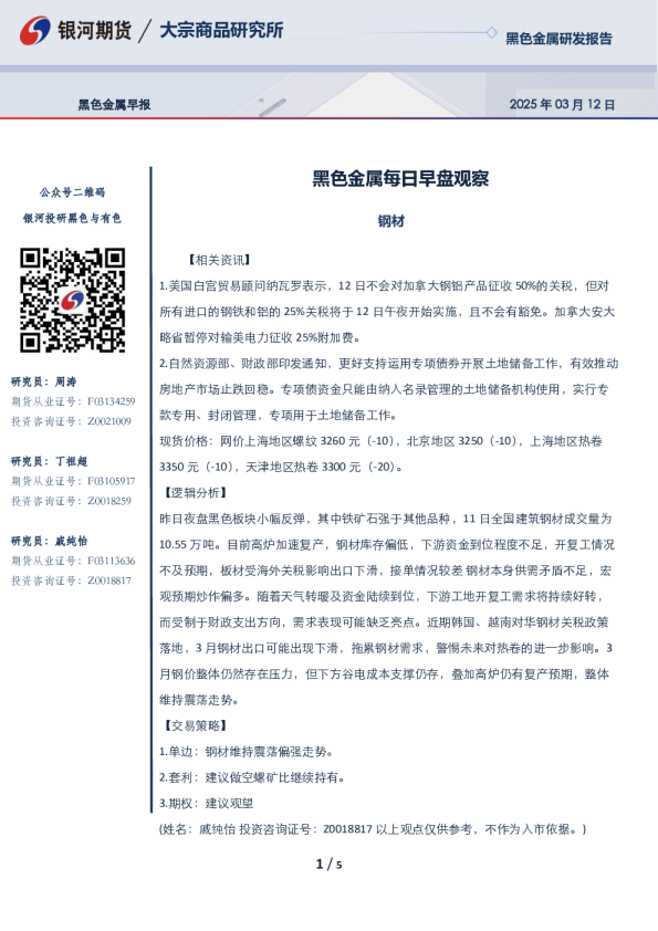 黑色金属每日早盘观察