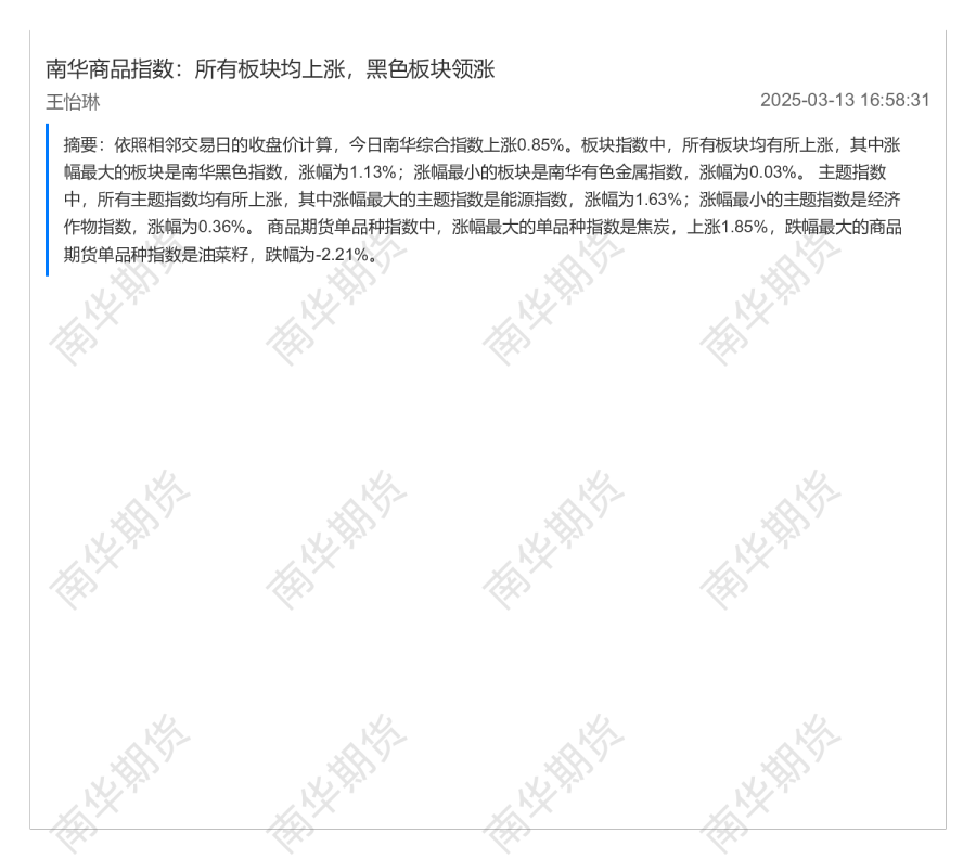 南华商品指数：所有板块均上涨，黑色板块领涨