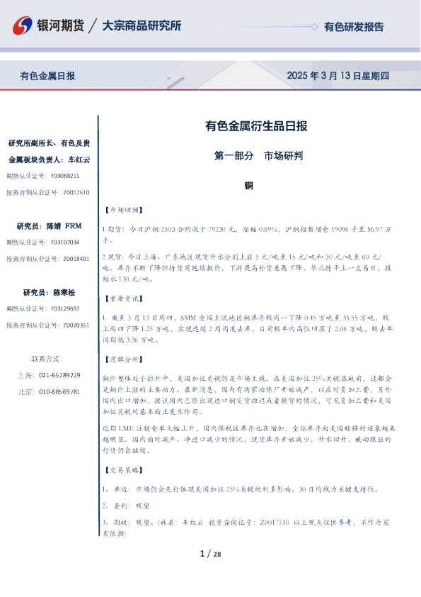 有色金属衍生品日报