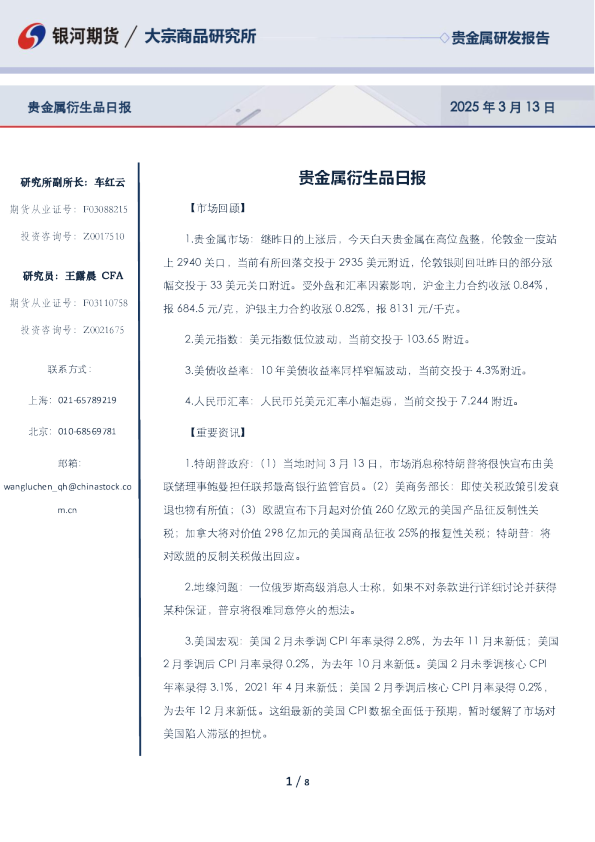 贵金属衍生品日报