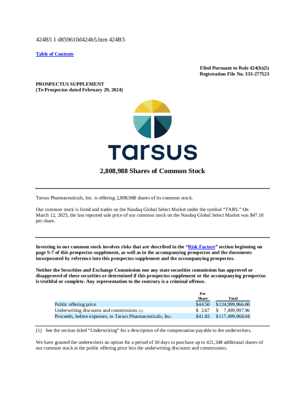 Tarsus Pharmaceuticals Inc 美股招股说明书(2025-03-13版)
