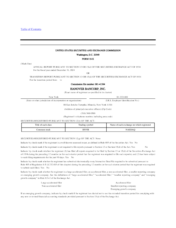 Hanover Bancorp Inc 2024年度报告