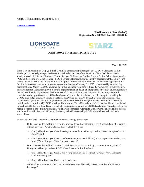 狮门娱乐-A美股招股说明书(2025-03-14版)