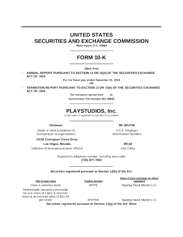 PlayStudios Inc-A 2024年度报告