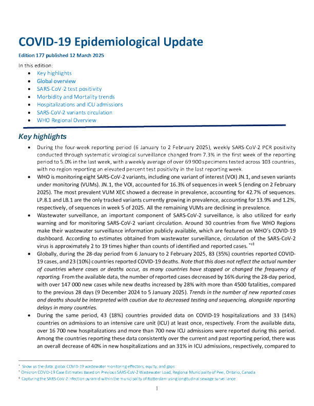 COVID-19流行病学更新 – 2025年3月12日