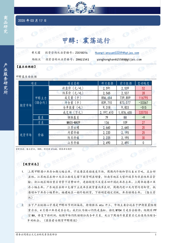 甲醇：震荡运行