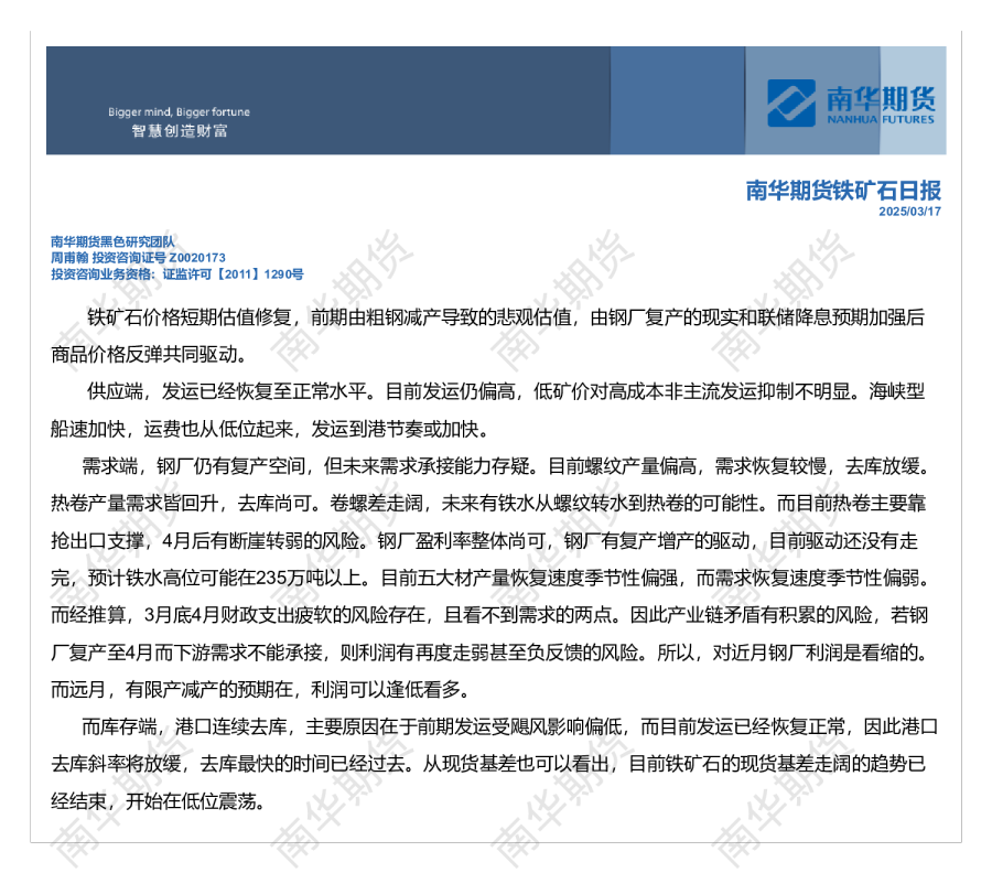 南华铁矿石日报20250317