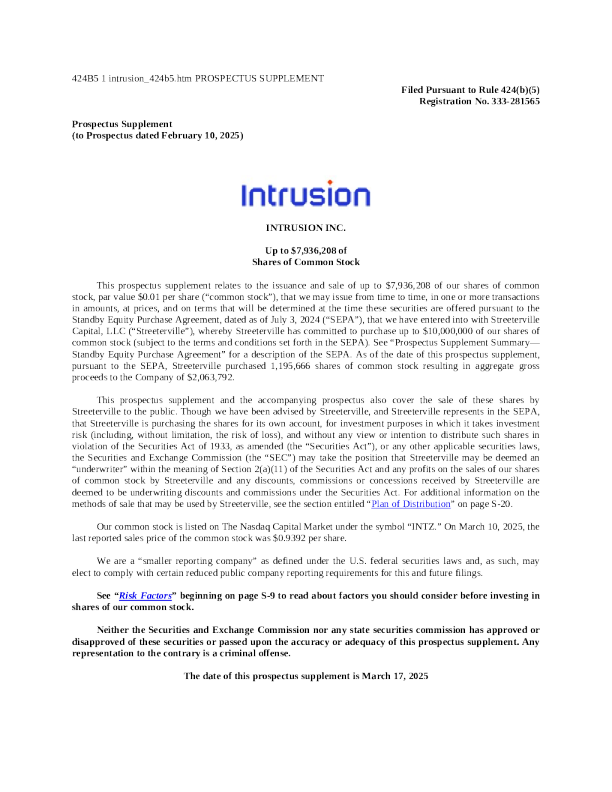 Intrusion Inc美股招股说明书(2025-03-17版)