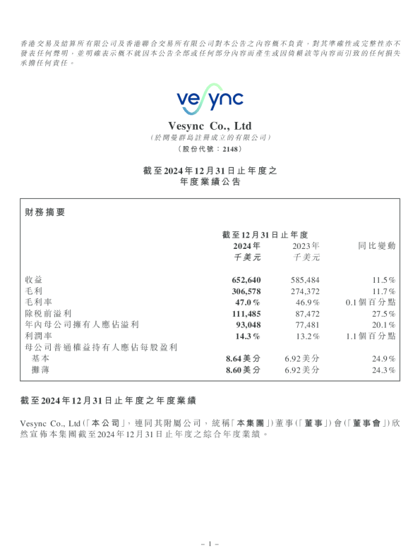 VESYNC：截至2024年12月31日止年度之年度业绩公告