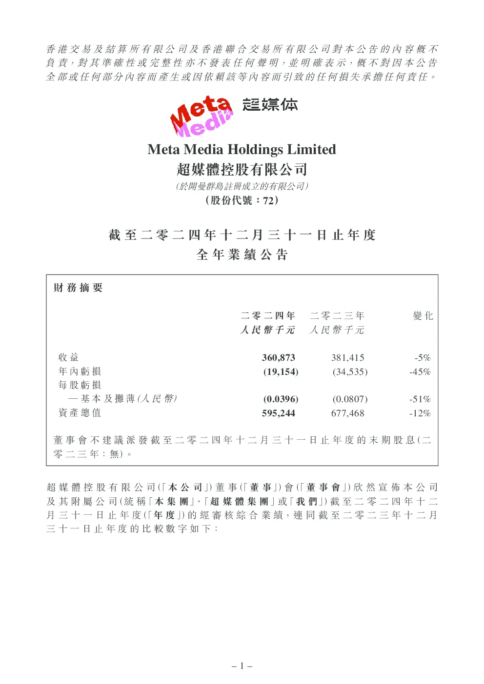 超媒体控股：截至二零二四年十二月三十一日止年度全年业绩公告