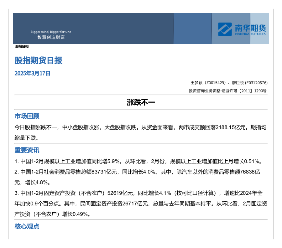 股指日报：涨跌不一