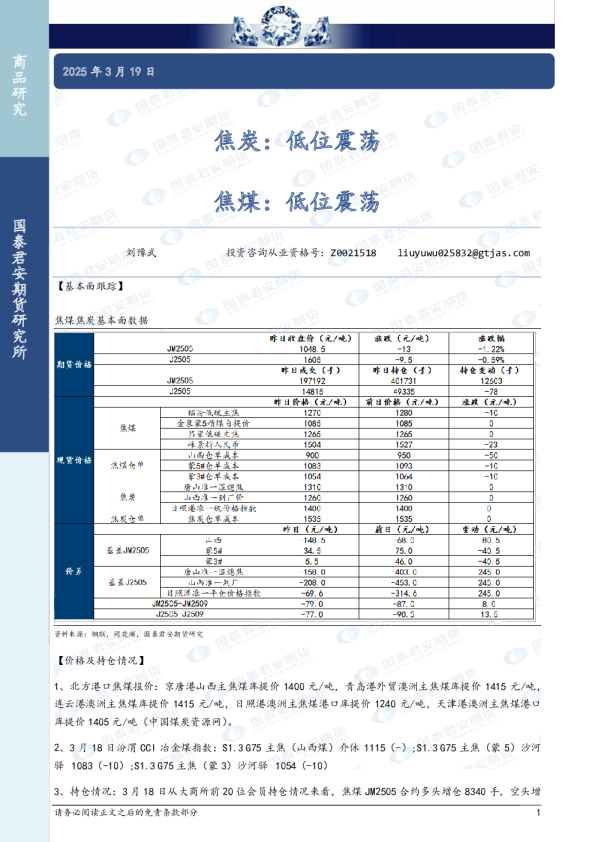 焦炭：低位震荡 焦煤：低位震荡